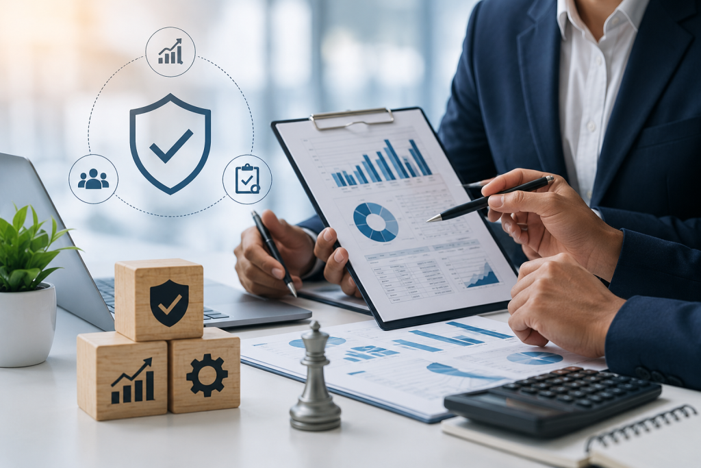 Professionals analyzing financial reports for assurance, audit, risk consulting, and business advisory services.