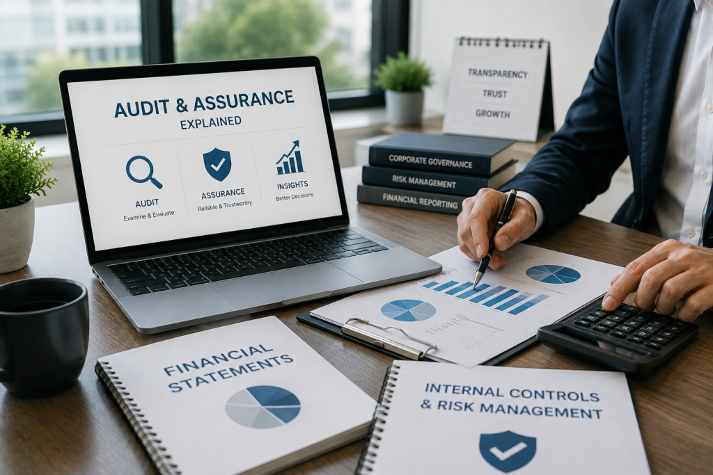 Professional reviewing financial reports and audit documents for an Australian business as part of audit and assurance services.